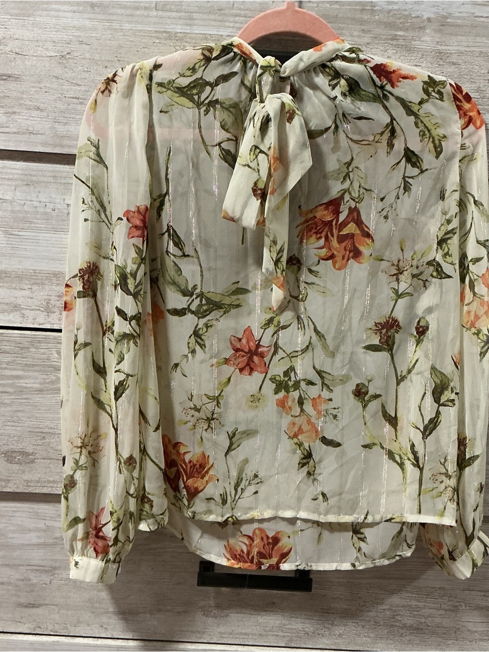 Cream Floral Tie-Neck Blouse with Orange Accents